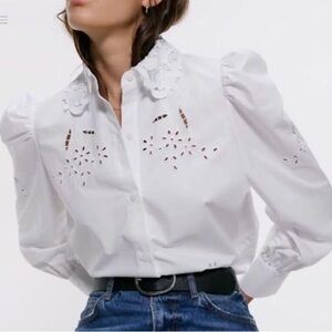 Zara white embroidered eyelet shirt blouse puffed sleeve collar